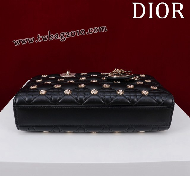 Dior专柜新款迪奥高仿原单太阳钉LadyD-Joy黑色羊皮手提女包 djfk1289